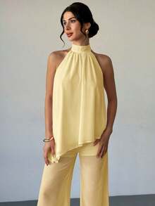 Conjunto de blusa y pantalones rectos holgados de mujer, elegante y casual para oficina, de gasa rosa con cuello de halter sin mangas y dobladillo asimétrico suelto, nuevo para primavera/verano - Amarillo - Ver 4