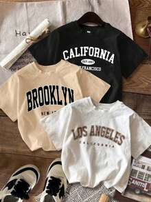 Set de 3 camisetas de manga corta ajustadas y acortadas con gráfico vintage de nombre de ciudad de estilo minimalista casual, adecuadas para el verano - Multicolor 5 - Ver 7
