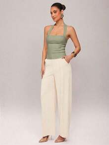 1 Top corto de unicolor con volantes para mujer, camiseta sin mangas ajustada de cuello halter de moda para oficina y transporte, color amarillo mantequilla - verde menta - Ver 7