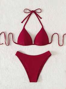 Conjunto de bikini liso, sujetador push up y parte inferior de bikini, traje de baño de 2 piezas - Burdeos - Ver 6
