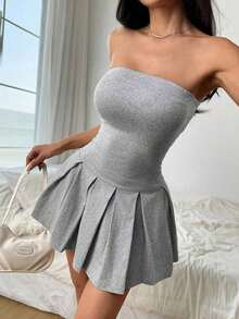 Vestido mini de unicolor simple y recogido en el busto, informal - Gris - Ver 1