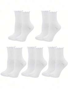 1/3/5 Pairs Women Cute Ruffle Ankle Socks, White And Black, Polyester Elastic Blended, Machine Washable - Multicolor - View 9