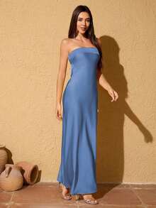 Vestido formal de satén sólido, vestido de cóctel elegante, vestido de fiesta de graduación, vestido de invitada de boda para primavera - Niebla azul - Ver 3