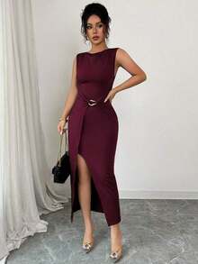 Vestido largo elegante y minimalista para mujer, silueta favorecedora, para verano - Burdeos - Ver 6