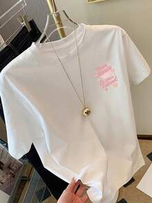 Short-Sleeved T-Shirt With Front And Back Print -  Print For Wedding Party, Bridal Outfit - Women's  Print T-Shirt For Spring/Summer, Fashionable Item, Elegant Party Outfit, T-Shirt For Elegant Ladies, Blouses Suitable For Curvy Women, Prom Skirts, Casual Wear - 白色 - 查看 2