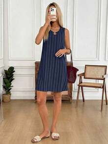 Vestido de verano casual con estampado tropical para vacaciones de mujer - Azul - Ver 3