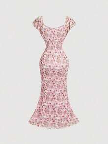 Vestido largo de verano con estampado floral ditsy en color albaricoque, vestido de vacaciones, vestido maxi floral crema para invitada de boda, estilo cottagecore, ajuste ceñido con mangas abullonadas, estética romántica vintage, vestido de ver - Rosa - Ver 4