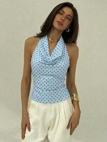 Blusa de mujer con escote profundo drapeado, sin espalda y con lazo trasero, de estilo elegante y sexy - Celeste - Ver 8