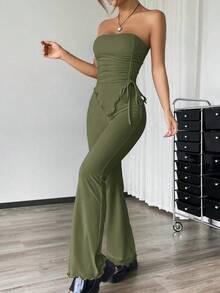 Conjunto de dos piezas con top asimétrico bandeau fruncido de unicolor y pantalones acampanados para mujer - Verde militar - Ver 4
