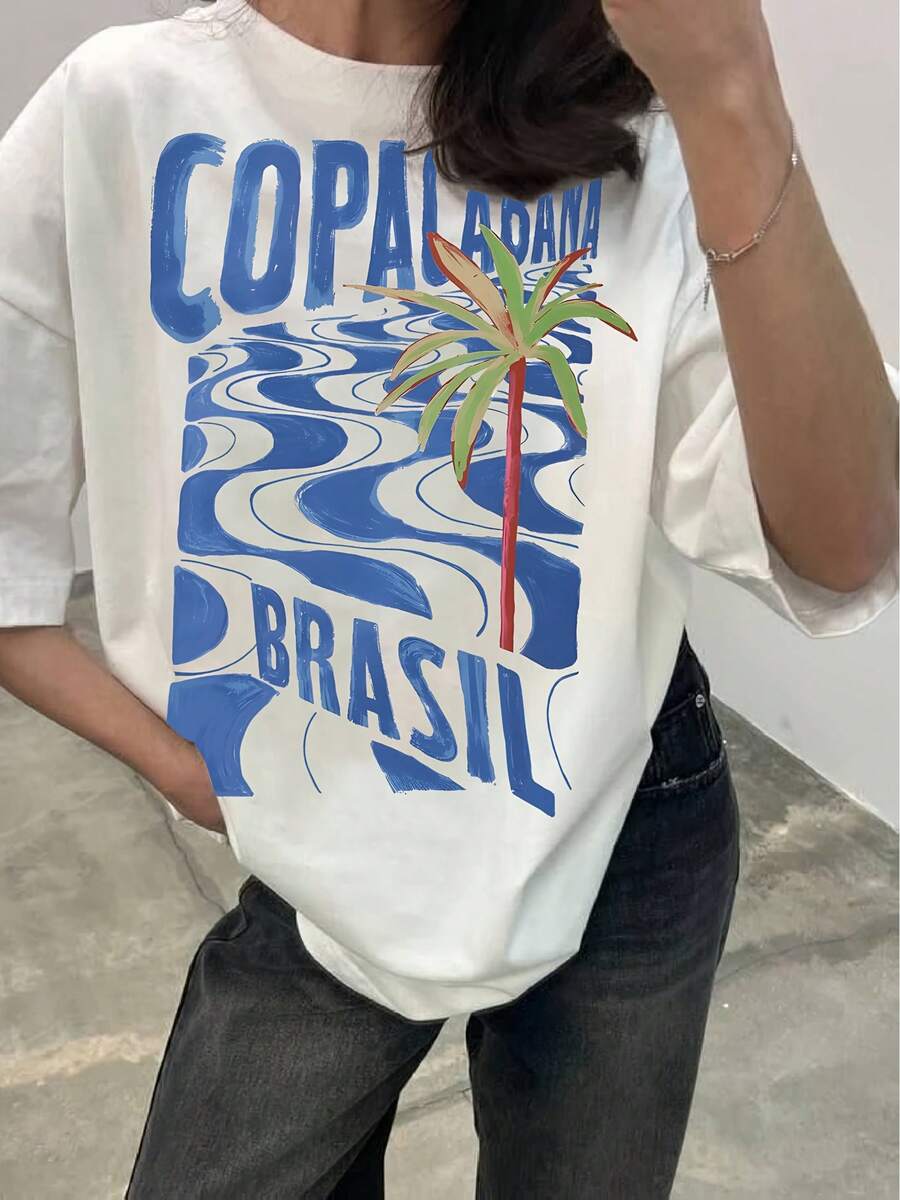 Camiseta con estampado gráfico y hombros caídos, top casual de manga corta y cuello redondo para primavera y verano, ropa de mujer - Blanco - Ver 1
