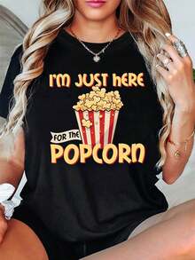 One Women's Short-Sleeved T-Shirt With A Round Neck And The "I'M JUST HERE FOR THE POPCORN" Print, Perfect For Casual Shopping, Holiday Gifts, And Get-Togethers With Friends. Relaxed And Fun Style, 180g, 100% Cotton - 黑色 - 查看 7