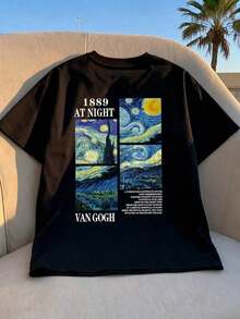 Loose-Fitting, Minimalist Short-Sleeved T-Shirt With An Artistic Print; Versatile Crew Neck Sweater, Suitable For Summer; Can Be Given As A Gift To Family - Vintage Street Style Unisex Cotton Short Sleeve Crew Neck T-Shirt - 黑色 - 查看 7