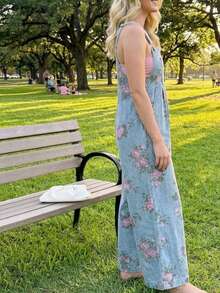 Boho  Button Floral Jean Cotton Denim Overall Romper Jumpsuit - Blue - View 2