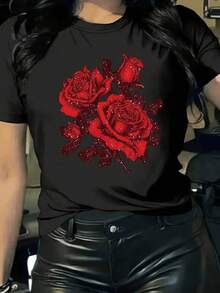 1 Camiseta Elegante de Talla Grande con Estampado Floral, 100% Algodón, Tejido de Punto Elástico, Cuello Redondo, Lavable a Máquina, para Uso en Todas las Estaciones, Regalo Perfecto para Amigos y Familia - Negro - Ver 6