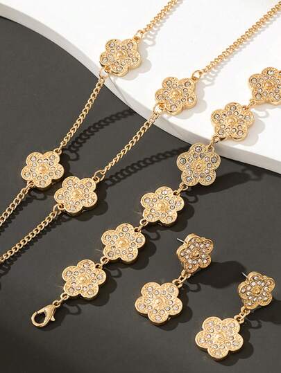 1 Set de joyería europea y americana, de temperamento elegante, con collar, aretes y pulsera de diseño de cinco hojas