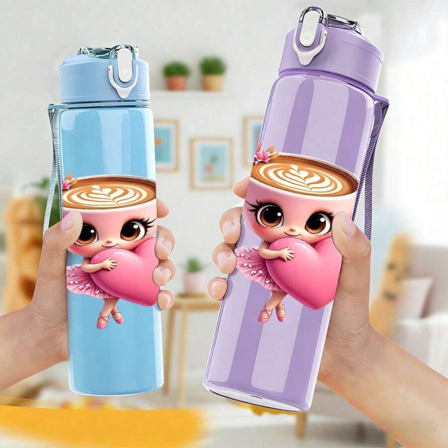 1/5 pièces Bouteille d'eau 750ml avec imprimé de ballerine mignonne et cordon - Bouteille d'eau de sport étanche, design de tasse à café en forme de cœur rose avec ballerine. Cadeau parfait pour les amateurs de café, les passionnés de ballerine. Convient pour l'eau, le jus ou le café, idéal pour l'école, la salle de sport, les activités de plein air et l'utilisation quotidienne. - Tasse rose multicolore - Voir 1