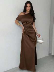 Vestido elegante asimétrico de hombro con pliegues y bajo de cola de sirena en color verde, adecuado para citas, vacaciones, bodas, eventos, regreso a la escuela, graduación, vestido de dama de honor formal, vestidos elegantes para mujer - Cafetería - Ver 3