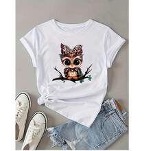 Camiseta de manga corta con cuello redondo y estampado de búho de dibujos animados, top informal de primavera/verano, ropa de mujer - Blanco - Ver 1