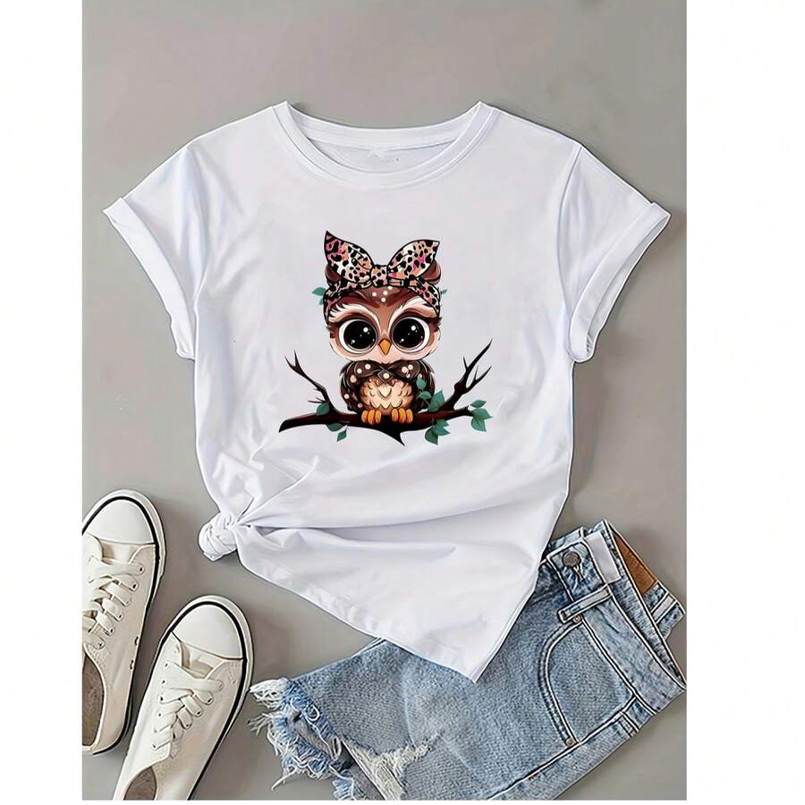 Camiseta de manga corta con cuello redondo y estampado de búho de dibujos animados, top informal de primavera/verano, ropa de mujer - Blanco - Ver 1
