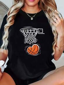 Women's Casual Basketball T-Shirt - Short Sleeve Crew Neck Geometric Design, Semi-Sheer Machine Washable Top, Lightweight Summer Sports T-Shirt, Athletic Style, Lightweight Material, Ideal For Sports And Casual Wear - 黑色 - 查看 1