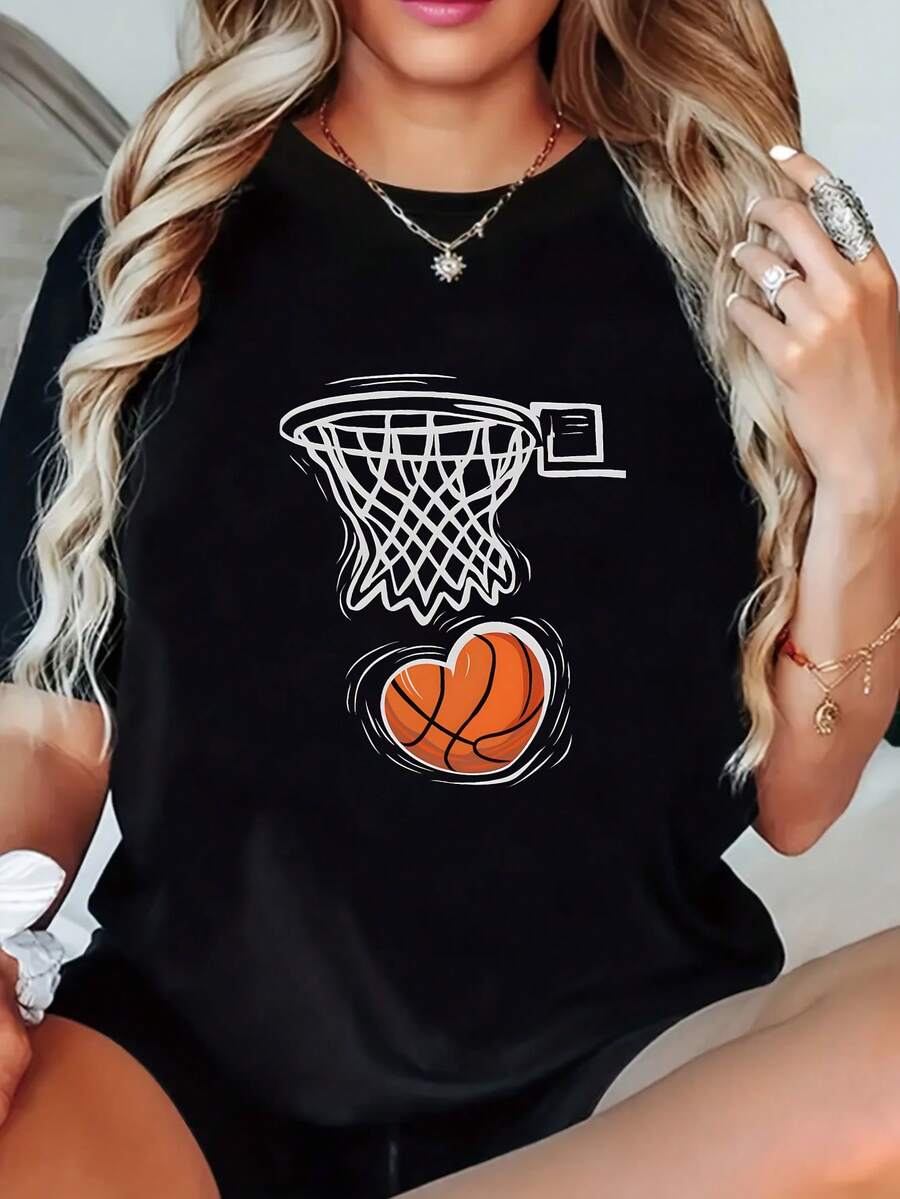 Women's Casual Basketball T-Shirt - Short Sleeve Crew Neck Geometric Design, Semi-Sheer Machine Washable Top, Lightweight Summer Sports T-Shirt, Athletic Style, Lightweight Material, Ideal For Sports And Casual Wear - 黑色 - 查看 1
