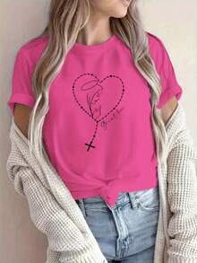 1 Piece Of New Short Sleeve Round Neck T-Shirt For Spring/Summer, With Virgin Mary Print And A Crossed Heart Pattern, Suitable For Women's Running Activities In Spring/Summer, Stylish And Fun, Comfortable, Soft And Breathable, Y2K Style, Short Sleeve Round Neck T-Shirt, 180g 100% Cotton. - 黑色 - 查看 8