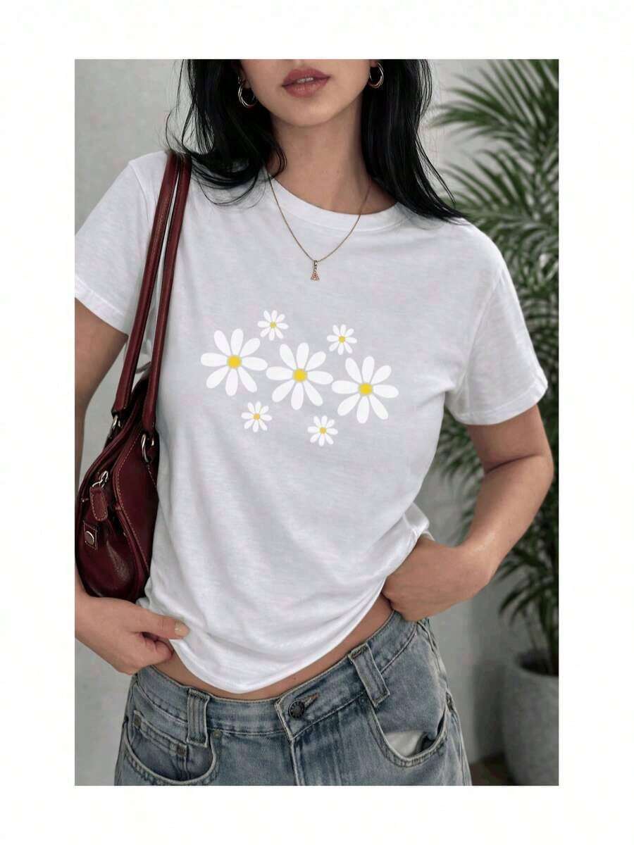 Loose-Fitting, Soft, 100% Cotton Women's Short-Sleeved T-Shirt With A White Daisy Print. A Fresh, Minimalist, And Youthful Floral Design. This Breathable Cotton T-Shirt Goes With Everything And Is A Great Choice. Basic Crew Neck Cotton T-Shirt For Women - 白色的 - 查看 1