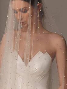 Beaded Wedding Veil 2 Tier Bridal Veils With Comb Wedding Cover Front And Back Soft Tulle Veil - Multicolor - View 2