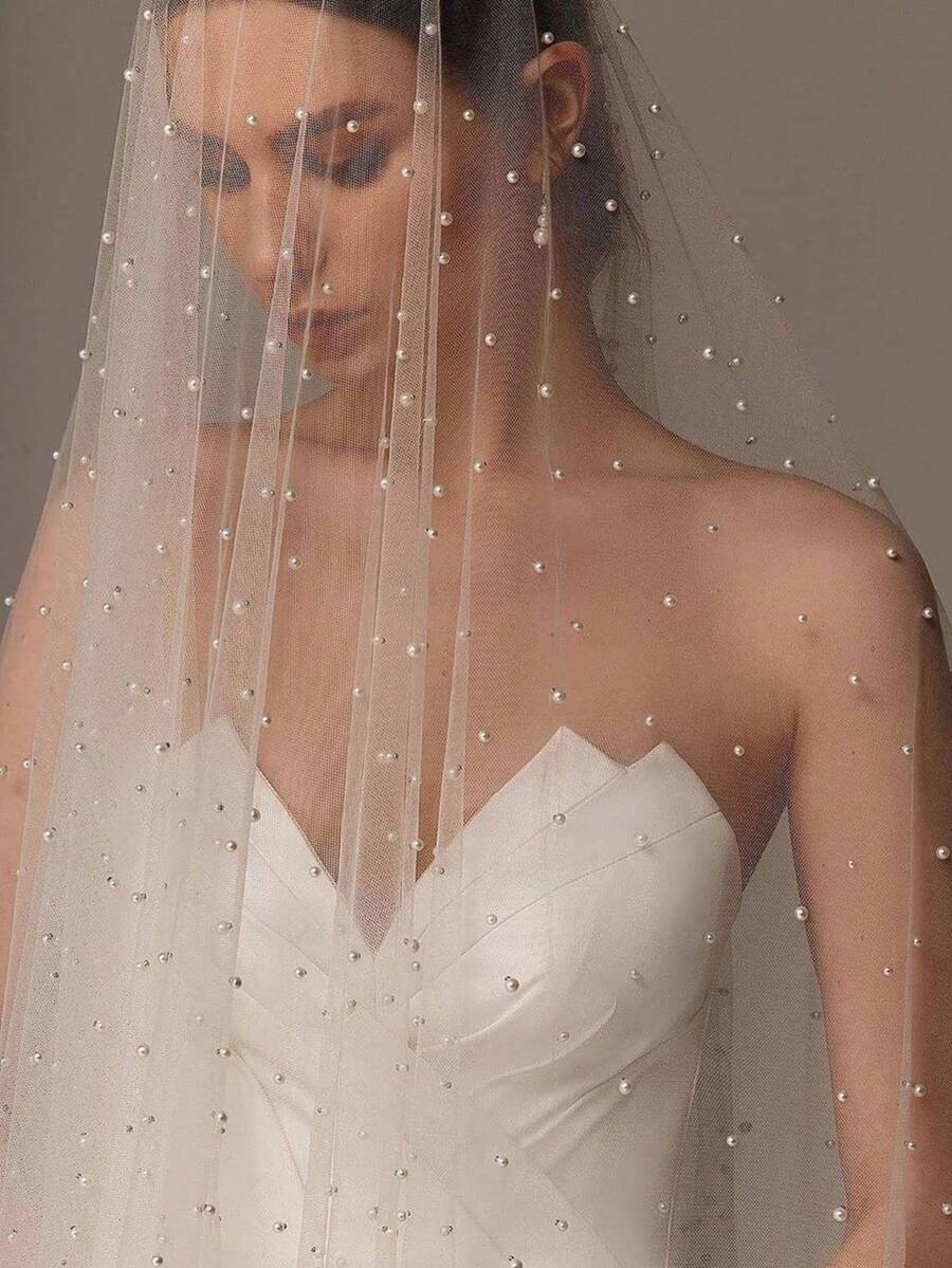 Beaded Wedding Veil 2 Tier Bridal Veils With Comb Wedding Cover Front And Back Soft Tulle Veil