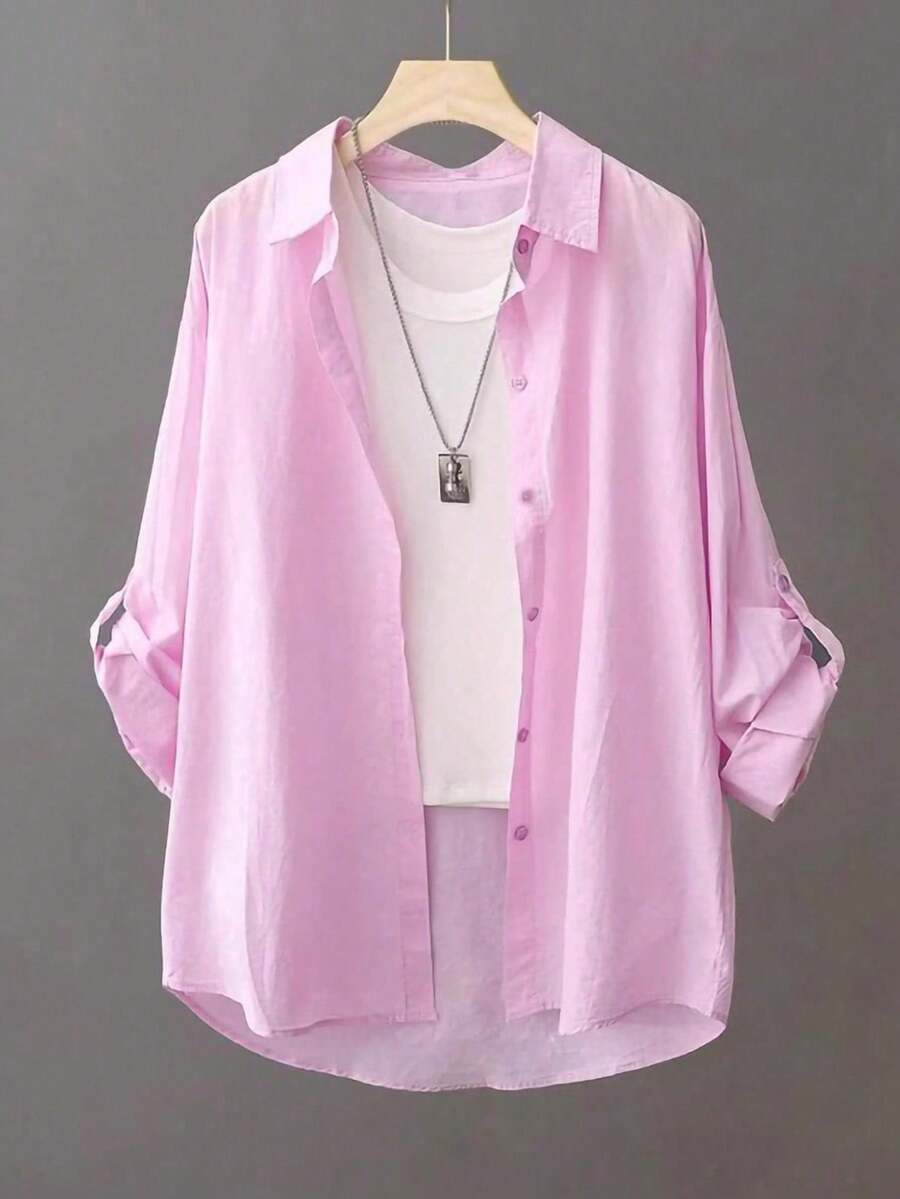 Áo sơ mi mỏng nhẹ, màu trơn, áo khoác cardigan chống nắng đa năng dành cho nữ, mùa xuân/hè. - Màu tím hoa cà - Xem 1