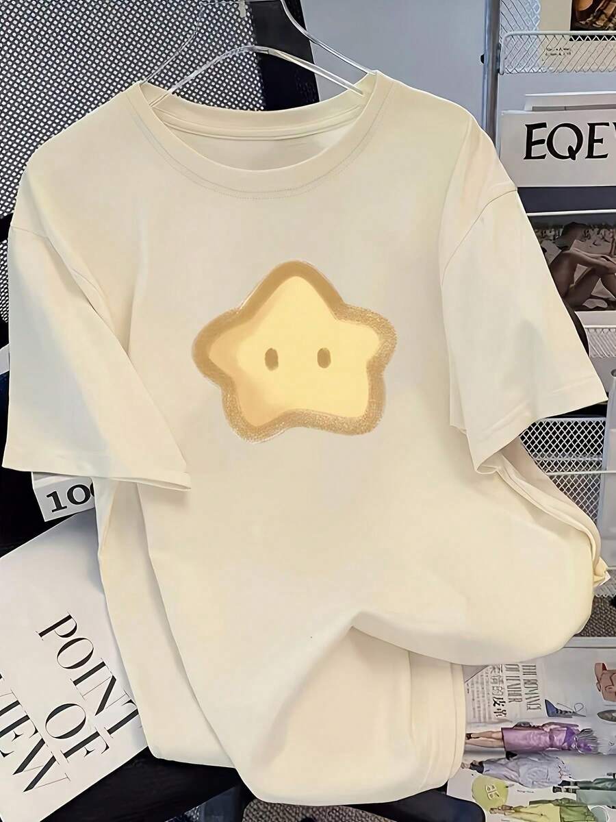 Edición Limitada 2026, Nueva Camiseta de Verano para Mujer en Color Albaricoque, Manga Corta, Estampado de Estrellas de Dibujos Animados, Corte Holgado, Algodón Ligero - Albaricoque - Ver 1