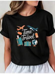 Limited Edition T-Shirt With Time Travel Print, Short Sleeve, Round Neck, Casual Top For Spring And Summer, I01 Women's Clothing, Comfortable And Casual Women's Clothing With Round Neck, Lightweight Cotton. - 黑色 - 查看 12