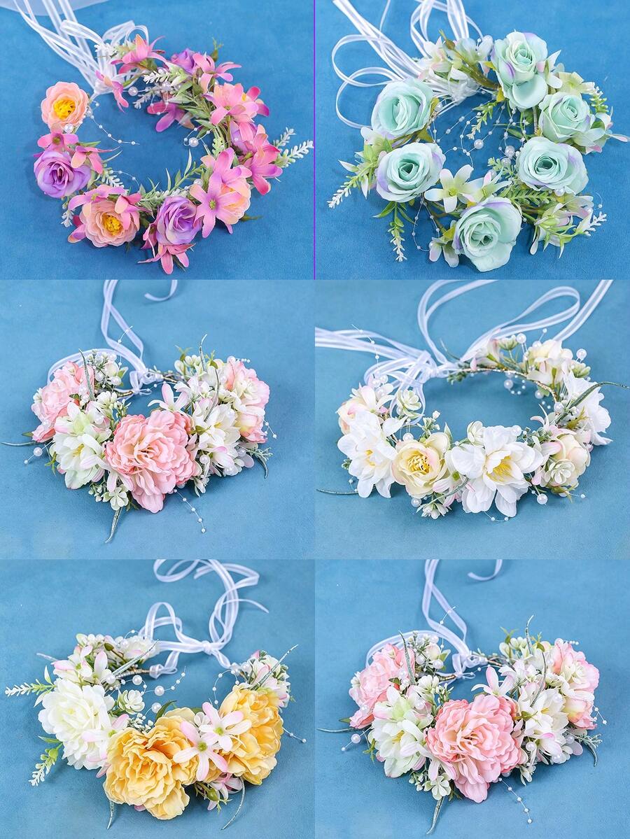 Bohemischer Blumenkranz - Mehrfarbiges Blumen-Haarband mit transparentem Band, geeignet für Bräute, Strandhochzeiten und Brautjungfern - Verschiedenfarbig - Übersicht 1