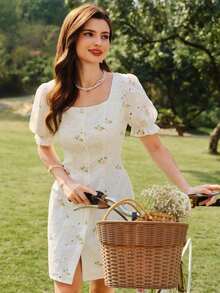 Vestido elegante y clásico vintage con bordado floral, vestido ajustado de primavera/verano con cuello cuadrado, botones de perla, manga corta, volante en el bajo, vestido blanco mini - Amarillo - Ver 1