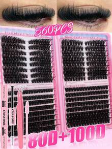 608/560片D卷翘睫毛簇,30D+40D、80D+100D,DIY睫毛嫁接套装,含粘合剂和封口剂,镊子工具,仿貂毛睫毛 - 高级D卷翘自然浓密单根睫毛簇,适用于DIY睫毛嫁接 - 可重复使用,轻便易用,方便旅行携带,蓬松浓密假睫毛,新手入门套装 - 彩色 - 查看 16
