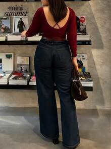 Plus Size Women Deep V Long Sleeve Bodysuit, Crisscross Back Slim Fitted Solid Black Basic Casual Top - Burgundy - View 4