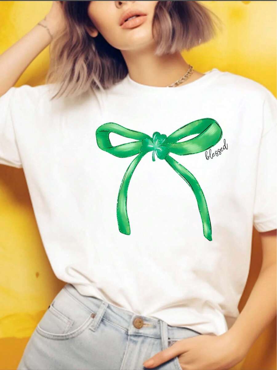1 Piece "Women's T-Shirt, 100% Cotton, White, St. Patrick's Day Themed - 'Blessings' With Green Bow" 180g 100% Cotton - 白 - 查看 1