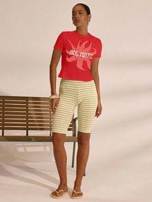 Women's & Men's Camiseta Baby Tee Ajustada con Estampado de Sol  para Hombre y Mujer, Primavera, Vacaciones, Boho, Ibiza, Elegante, Playa, Bonita, Regreso a Clases, Elegante, Verano, Carnaval, Vacaciones, Casual - Rojo - Ver 4