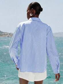 Camisa de manga larga con rayas azules y blancas bordada delicadamente, con estilo vintage francés con elementos florales y de vid, versátil para el trabajo, uso casual y vacaciones - Azul - Ver 7
