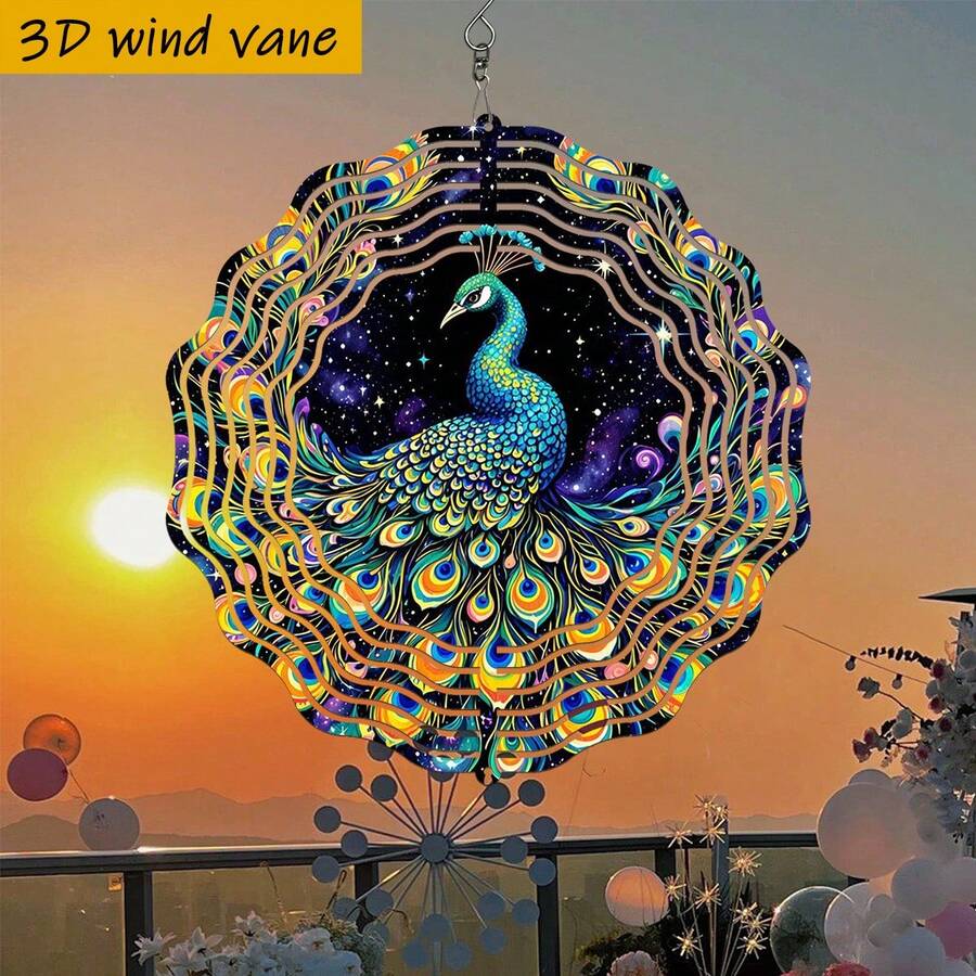 1个360°旋转3D孔雀风铃，配彩色羽毛 - 10英寸铁艺花园装饰，舒缓音效，适合婚礼、室内/室外悬挂式DIY装饰（无需电池/电源） - 优雅的婚礼和节日装饰品