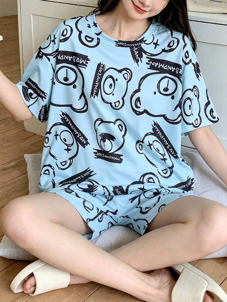 AICJ 两件套女士卡通熊印花休闲睡衣套装,短袖圆领上衣和短裤,舒适宽松版型,适合春夏居家穿着。 - 淺藍色 - 查看 1