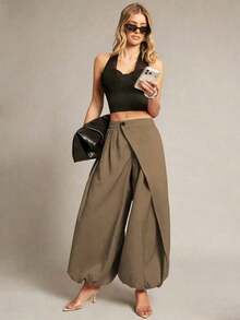 Pantalones casuales de unicolor asimétricos para mujer, pantalones de diseño suelto con cordón, longitud hasta el tobillo con botón y cremallera con pliegues - Caqui - Ver 1