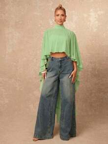 Nueva llegada Blusa elegante de mujer de alta gama con cuello suelto, bajo asimétrico con volantes, parte delantera corta y parte trasera larga - Verde - Ver 5