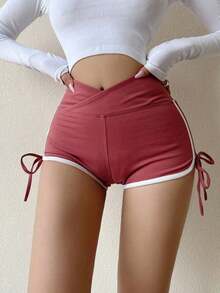 Verano Drawstring Shorts Moda Cintura Alta Pit Stripe Casual Pantalones Slim Stretch Mujeres Hot Shorts - Rosa - Ver 1