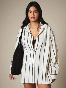 KSTM Camisa oversize de rayas con cuello clásico y mangas largas, prenda de playa de verano - Albaricoque - Ver 4