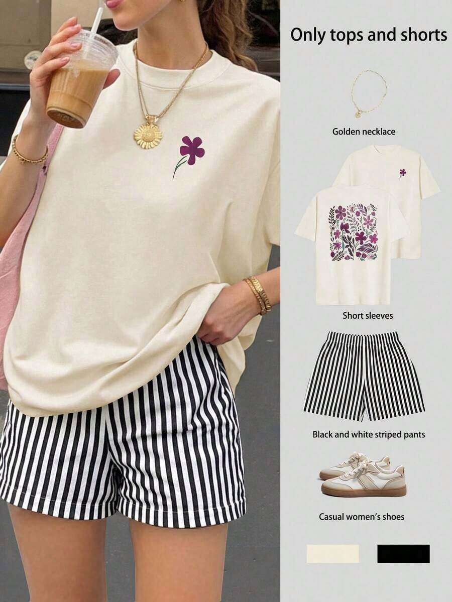 Conjunto de top de manga corta holgado con estampado floral y shorts a rayas para mujer, conjunto casual de verano de 2 piezas para mujer, traje de mujer, conjunto de verano para mujer, ropa de vacaciones, atuendo de viaje, estilo de playa, ropa de vacaciones minimalista y elegante - Albaricoque - Ver 1