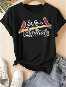 St. Louis Cardinals Vintage Logo Print Crew Neck T-Shirt, LB Team Graphic, Short Sleeve - 黑色 2 - 查看 6