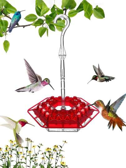 1 chiếc máng ăn chim ruồi treo ngoài trời, hình lục giác màu đỏ có móc, chống kiến và chống rò rỉ, với 30 lỗ cho ăn. Máng ăn chim ruồi kiểu đĩa, thiết kế chống chịu thời tiết, dễ dàng vệ sinh và đổ đầy lại, lý tưởng cho ban công, vườn hoặc sân ngoài trời, món quà hoàn hảo cho những người yêu thích chim ruồi hoang dã.