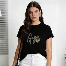 Ropa de Verano para Mujer, Camiseta de Algodón Suave Casual con Cuello Redondo, Estampado de Leopardo y Letras Love Gigi. Blanco. - Negro - Ver 3