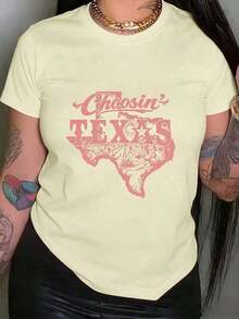 Camiseta de Mujer con Temática de Texas - Manga Corta, Cuello Redondo, Estilo Casual con Estampado del Estado de Texas, No Compatible con Blusas para Mayor Estilo |       Ropa de primavera y verano lavable a máquina |       Ropa Texan Pride para Atuendos Cotidianos y Regalos, Camiseta Estampada de Cuello Redondo para Mujer - Albaricoque - Ver 8